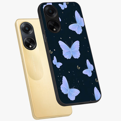 Butterfly With Stars Pattern Glass Case displayed in angled mockup highlighting dreamy butterfly and star design with aesthetic theme.
