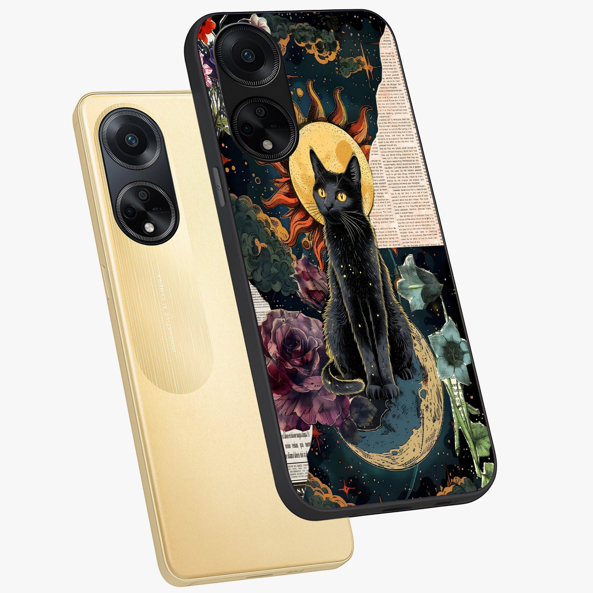 Celestial Black Cat Glass Case displayed in angled mockup highlighting cosmic black cat design with celestial aesthetic.