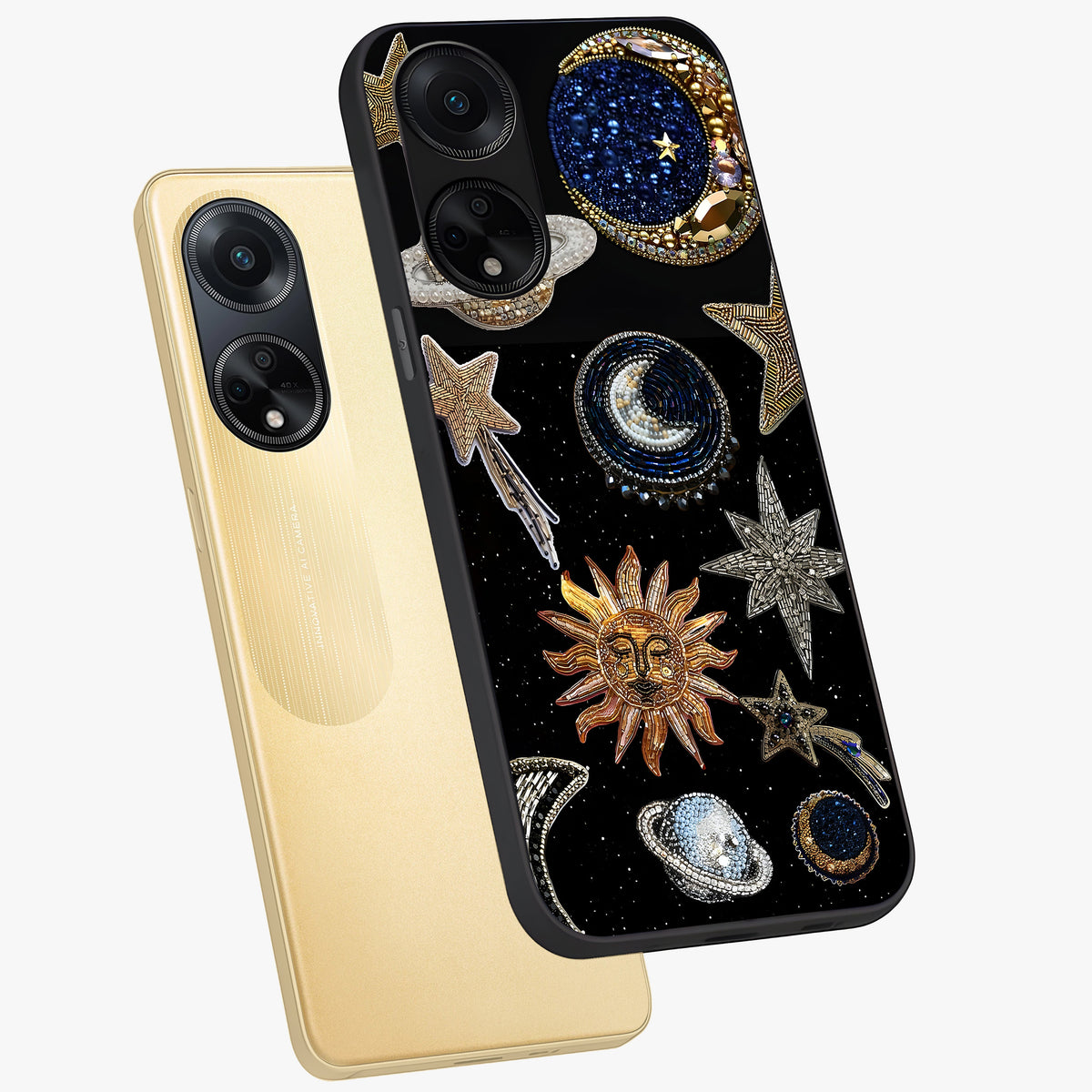 Celestial Gem Constellations Glass Case displayed in angled mockup highlighting gemstone inspired constellation design.