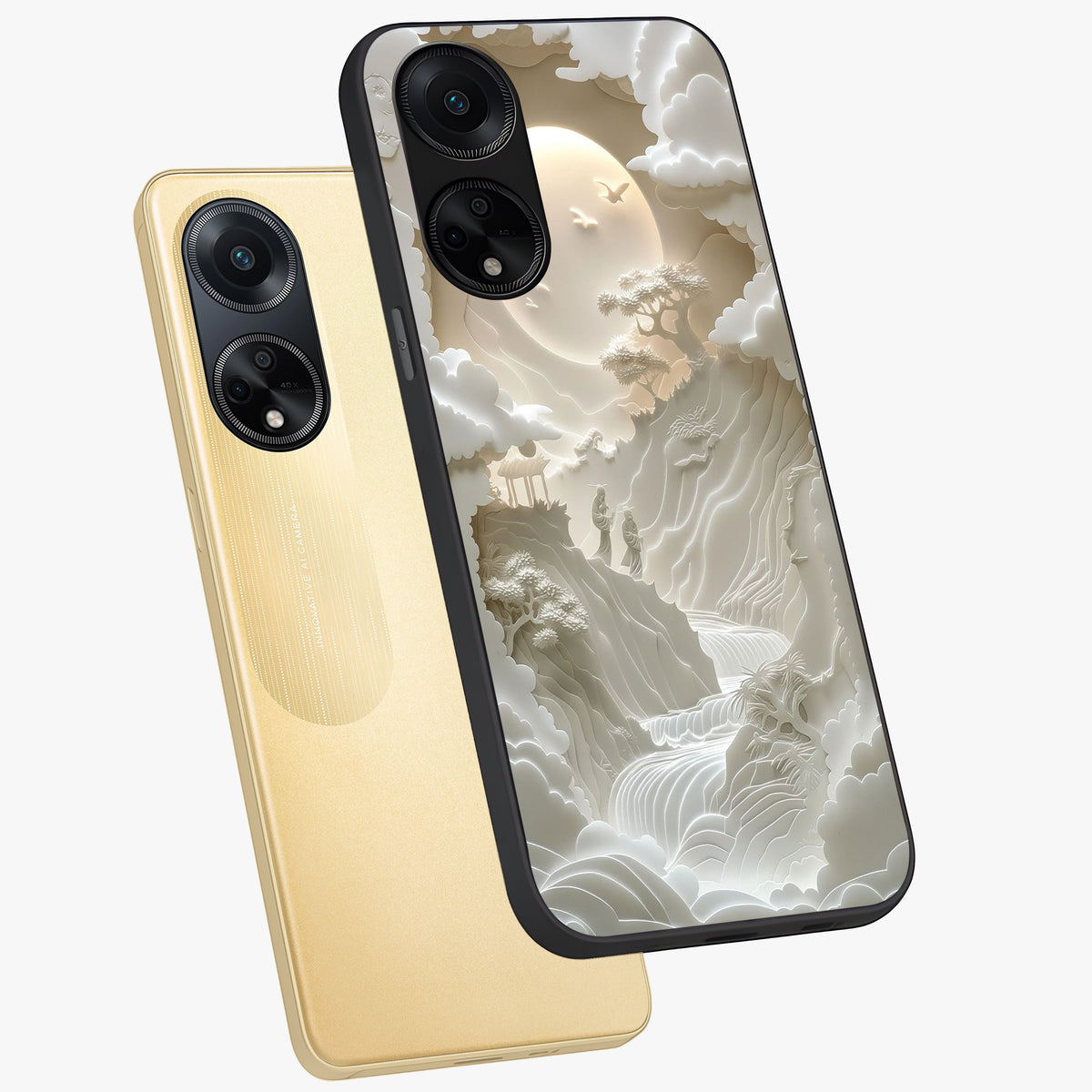 Celestial Origami Glass Case displayed in angled mockup highlighting geometric origami design with cosmic aesthetic theme.