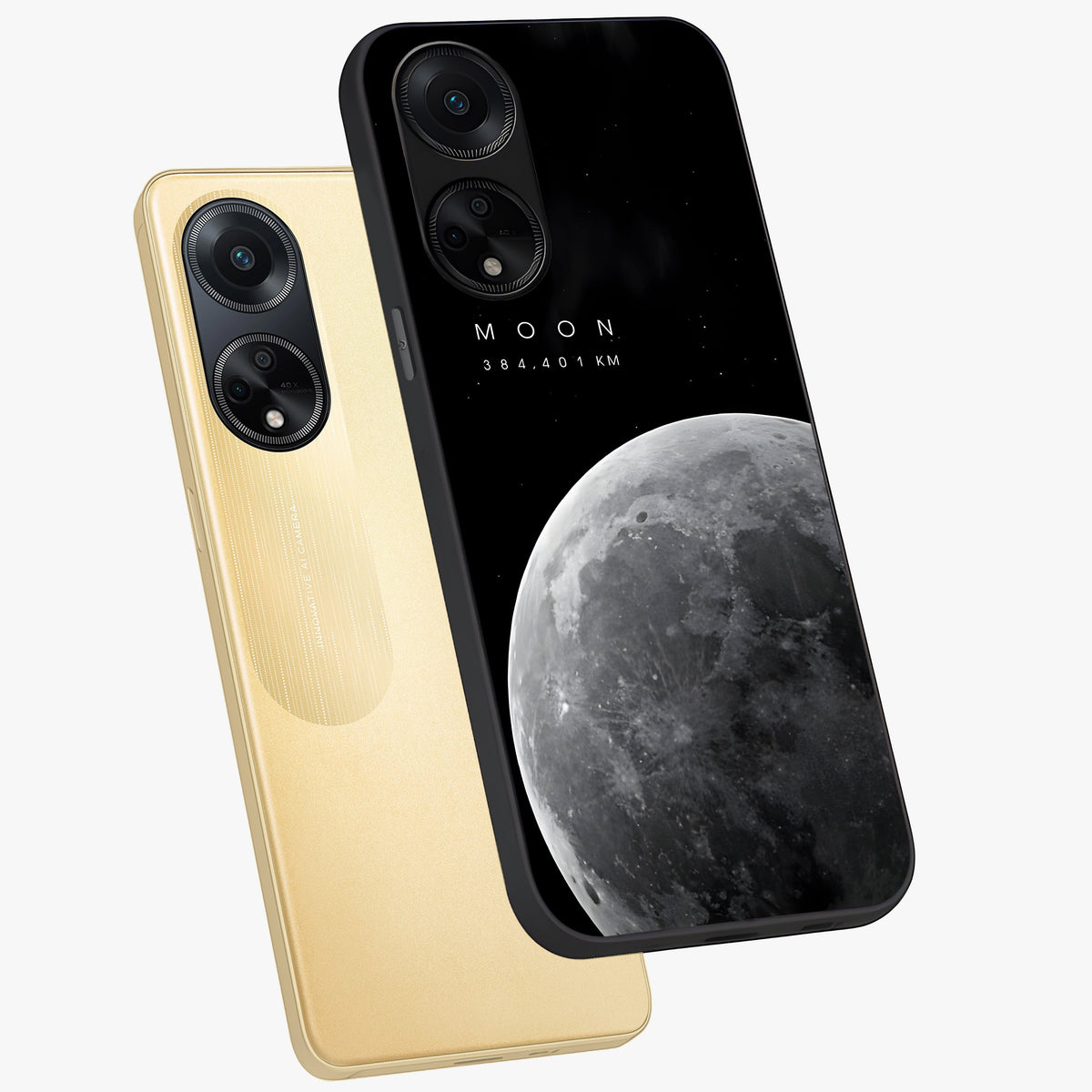 Cosmic Moon Glow Glass Case displayed in angled mockup highlighting celestial moon design with cosmic aesthetic theme.