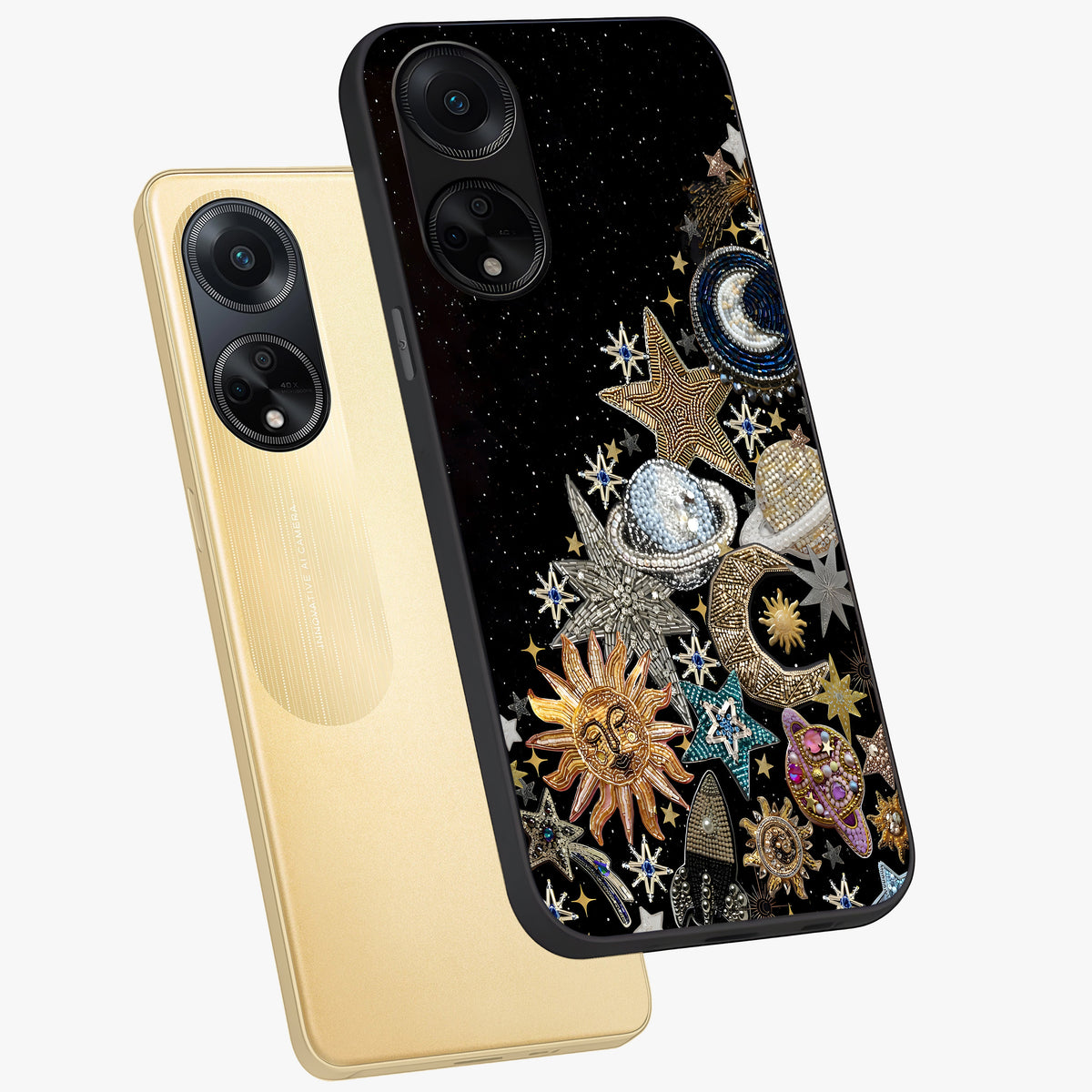 Cosmic Sparkle Dreams Glass Case displayed in angled mockup highlighting dreamy star sparkle design with celestial aesthetic.