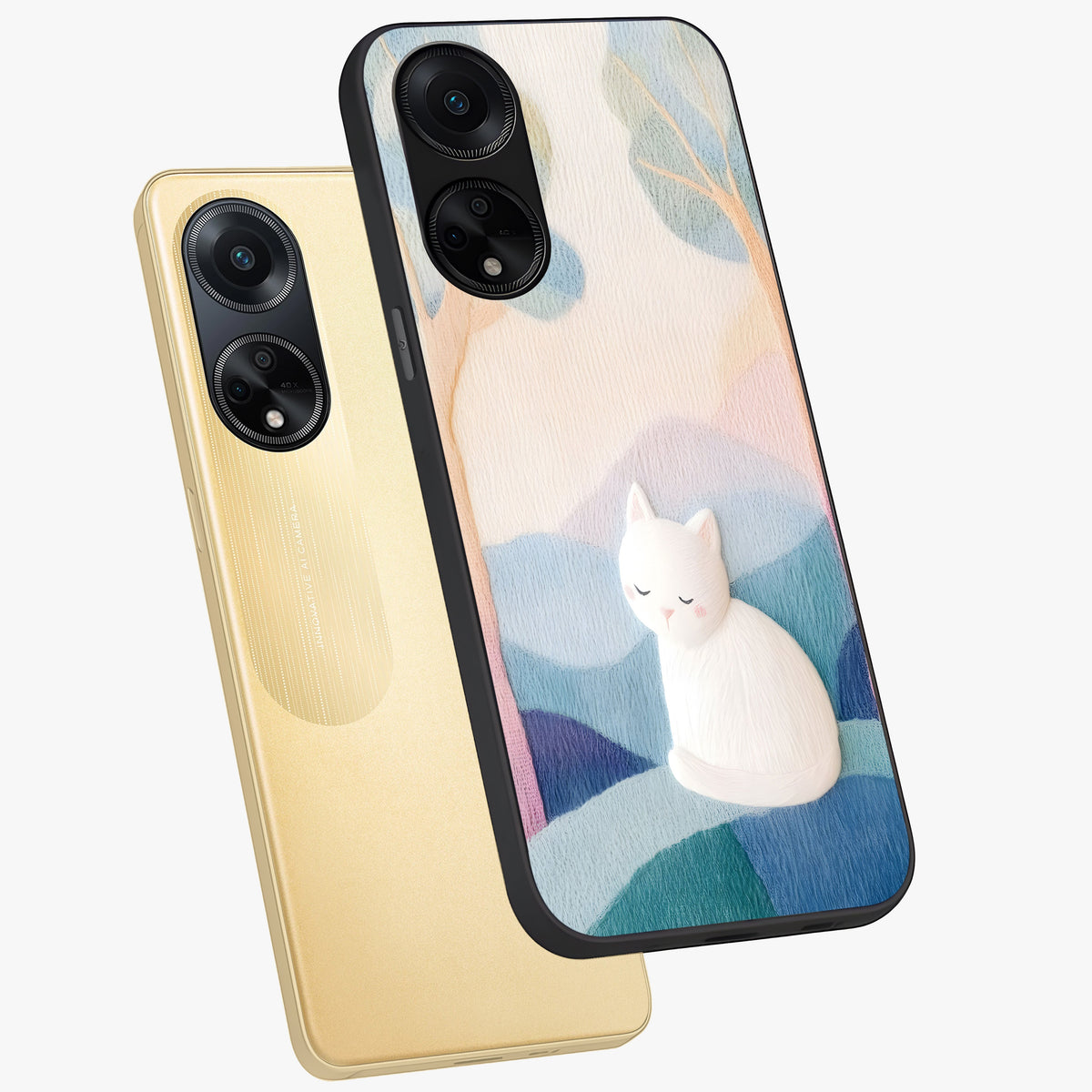 Cotton Dream Cat Glass Case displayed in angled mockup highlighting cute feline illustration with pastel aesthetic style.