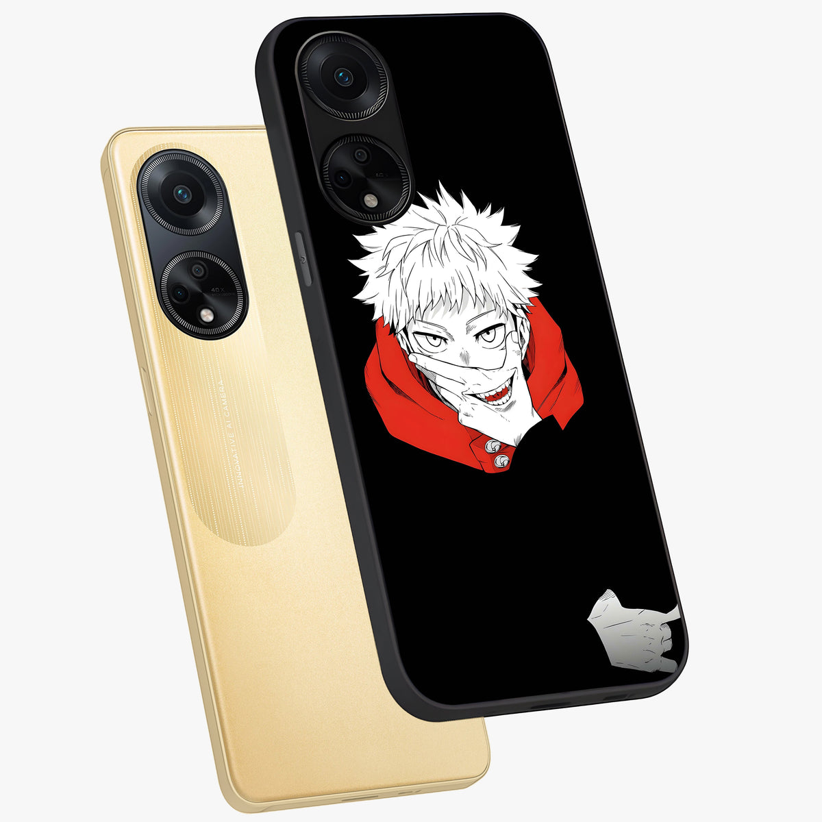 Crimson Chaos Smile Glass Case displayed in angled mockup highlighting edgy crimson smile design with graphic aesthetic.