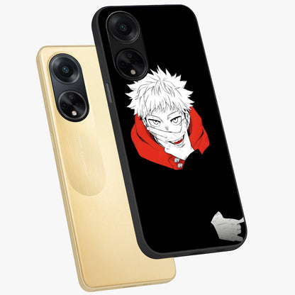 Crimson Chaos Smile Glass Case displayed in angled mockup highlighting edgy crimson smile design with graphic aesthetic.