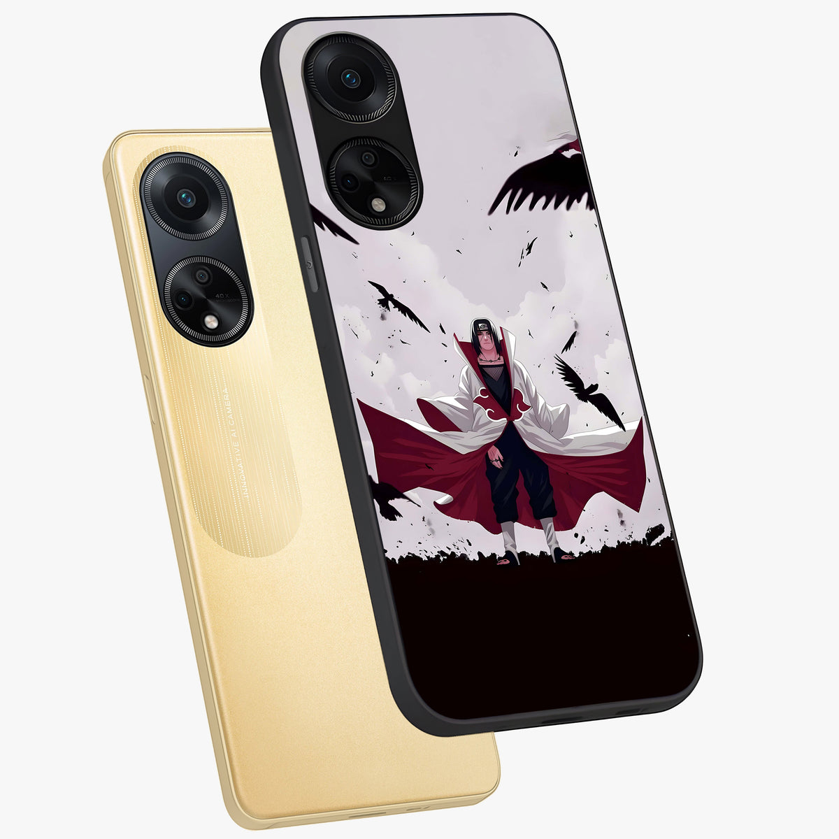 Crimson Crow Ascension Glass Case displayed in angled mockup highlighting powerful crow illustration with dark crimson aesthetic.