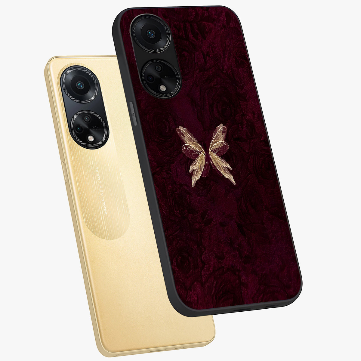 Crimson Fade Butterfly Glass Case displayed in angled mockup highlighting elegant butterfly design with crimson gradient aesthetic.