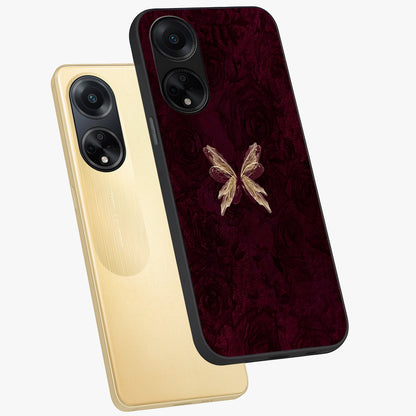 Crimson Fade Butterfly Glass Case displayed in angled mockup highlighting elegant butterfly design with crimson gradient aesthetic.