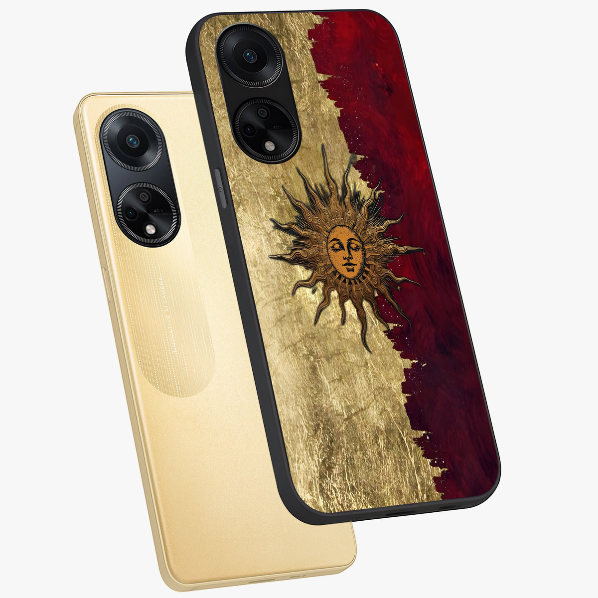 Crimson Sun Majesty Glass Case displayed in angled mockup highlighting majestic crimson sun design with bold aesthetic style.