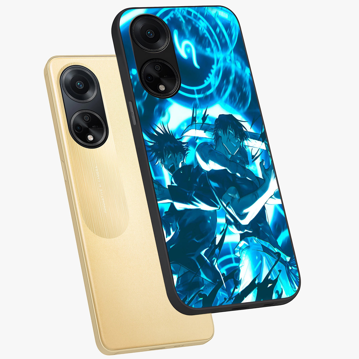 Cursed Energy Clash Glass Case displayed in angled mockup highlighting powerful battle inspired graphic with anime style aesthetic.