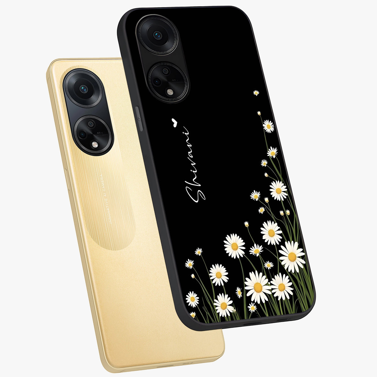 Daisy Cascade Custom Name Glass Case displayed in angled mockup highlighting delicate daisy artwork with custom name feature.