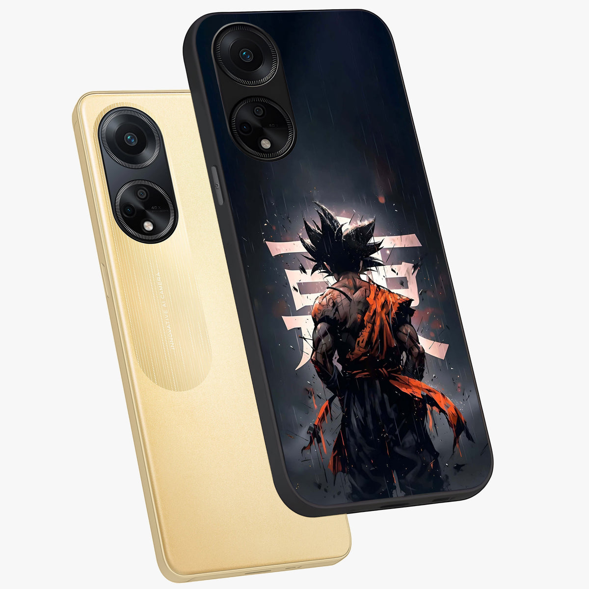 Dark Warrior In Rain Glass Case displayed in angled mockup highlighting dramatic warrior illustration with dark rain aesthetic.