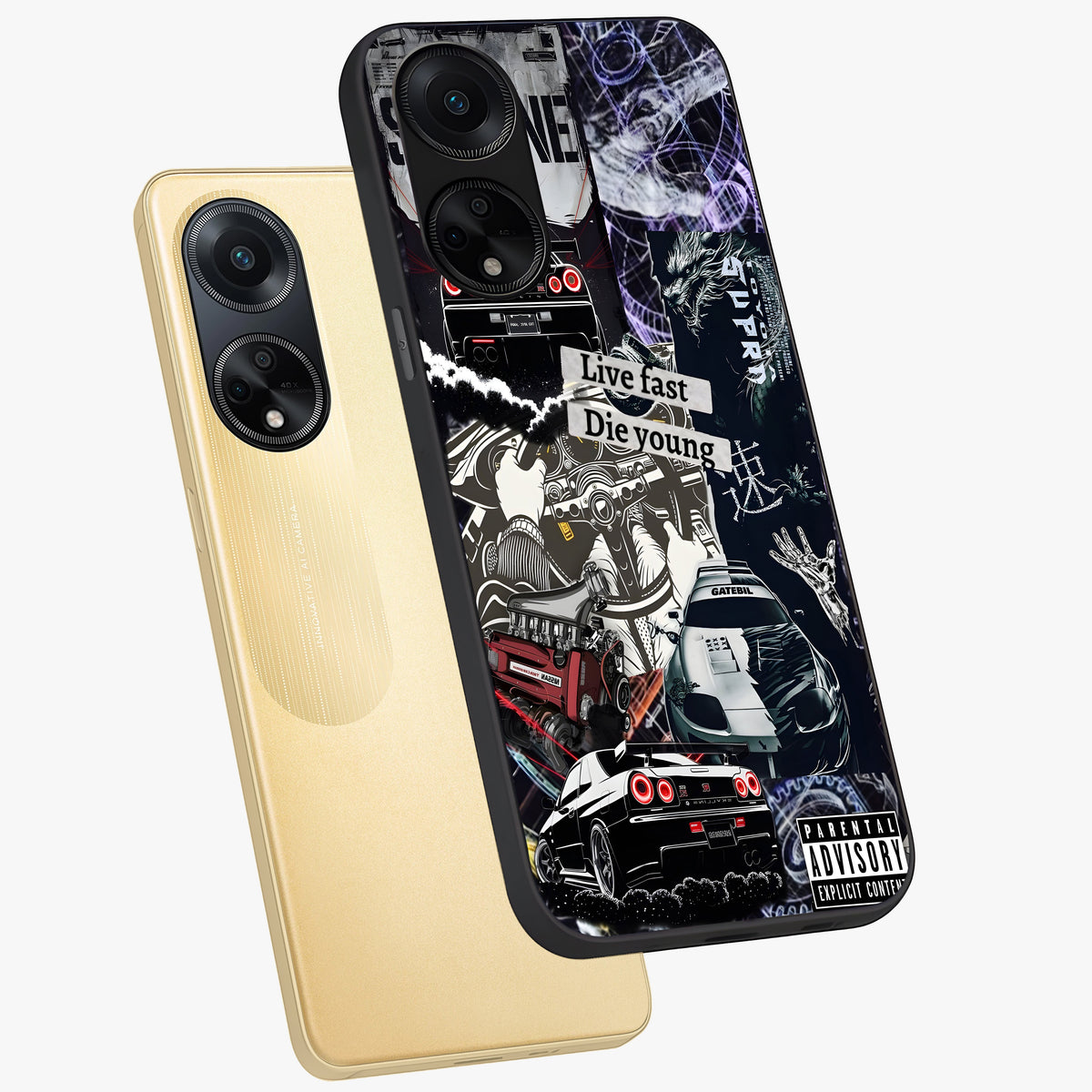 Die Young Glass Case displayed in angled mockup highlighting expressive graphic artwork with edgy aesthetic style.