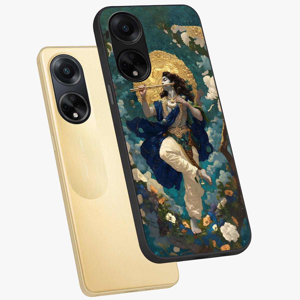 Divine Krishna Art Glass Case displayed in angled mockup highlighting spiritual Krishna illustration with devotional aesthetic.