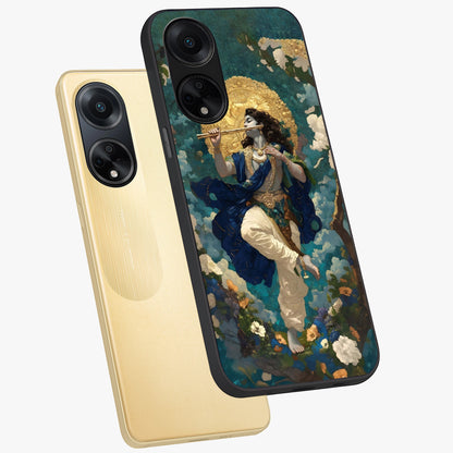 Divine Krishna Art Glass Case displayed in angled mockup highlighting spiritual Krishna illustration with devotional aesthetic.