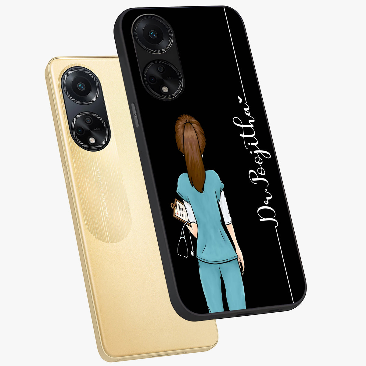 Doctor Pattern Custom Name Glass Case displayed in angled mockup highlighting doctor inspired artwork with custom name feature.