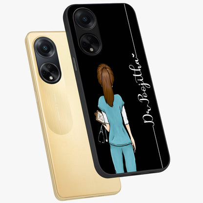 Doctor Pattern Custom Name Glass Case displayed in angled mockup highlighting doctor inspired artwork with custom name feature.