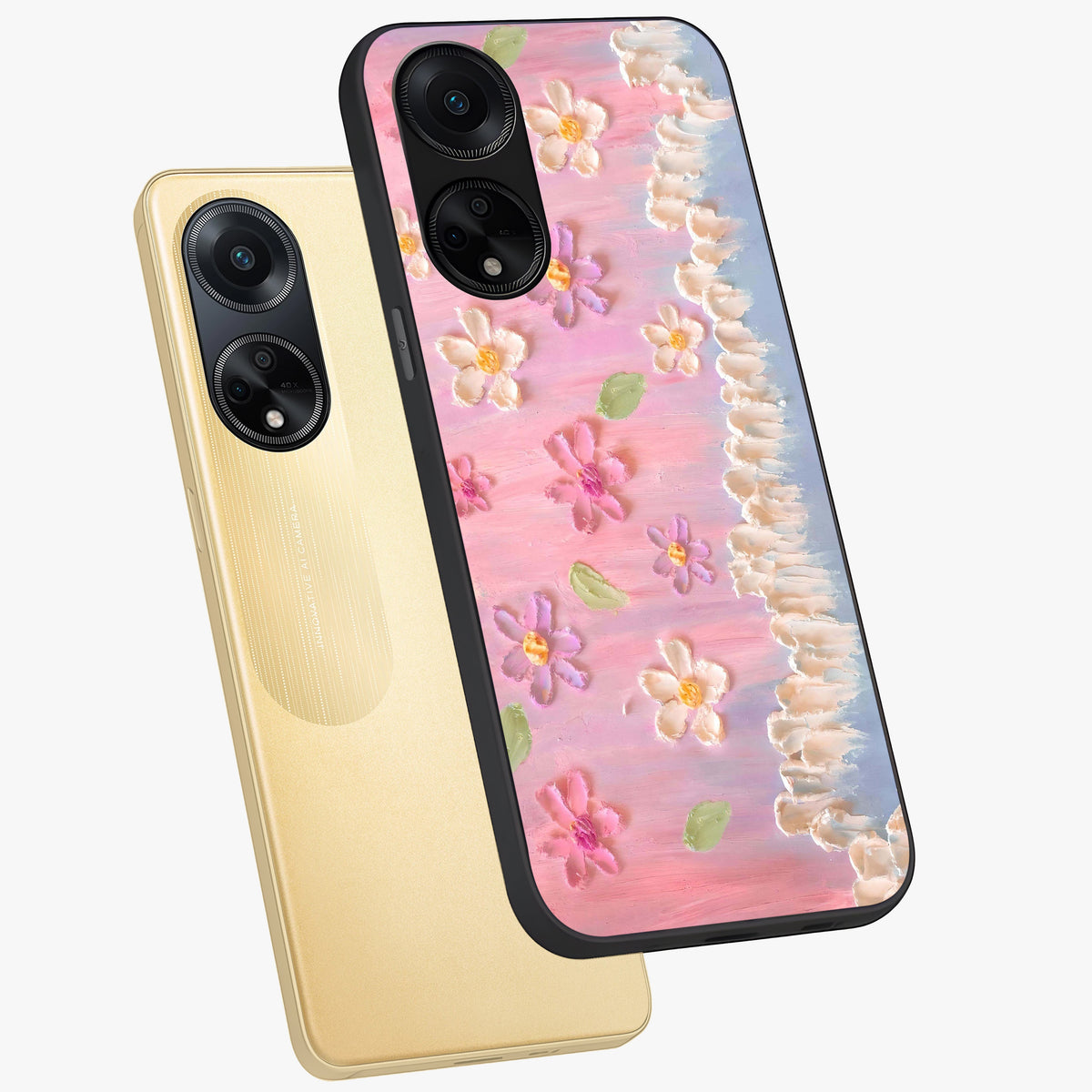 Dreamy Painted Garden Glass Case displayed in angled mockup highlighting colorful garden illustration with dreamy aesthetic style.