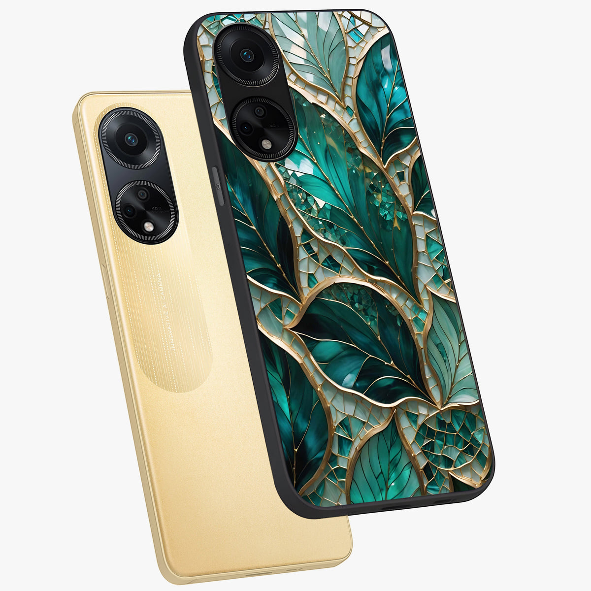 Emerald Leaf Glass Glass Case displayed in angled mockup highlighting botanical leaf illustration with elegant natural aesthetic.