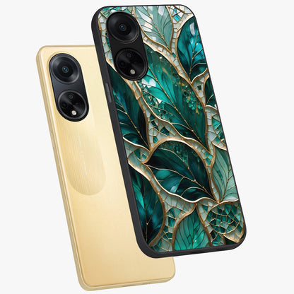 Emerald Leaf Glass Glass Case displayed in angled mockup highlighting botanical leaf illustration with elegant natural aesthetic.