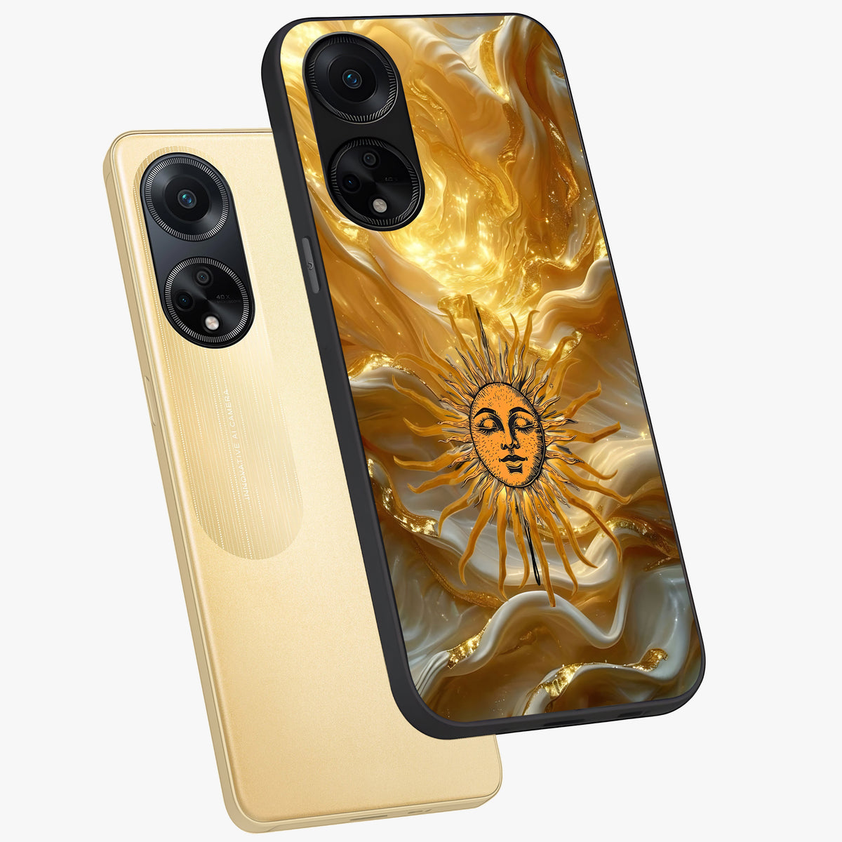 Eternal Golden Glow Glass Case displayed in angled mockup highlighting glowing golden aesthetic design with elegant style.