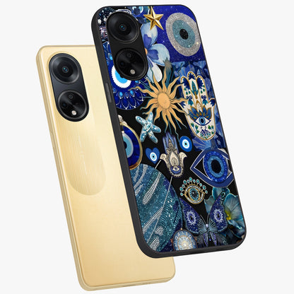 Evil Eye Charm Mix Glass Case displayed in angled mockup highlighting protective evil eye symbols with spiritual aesthetic design.