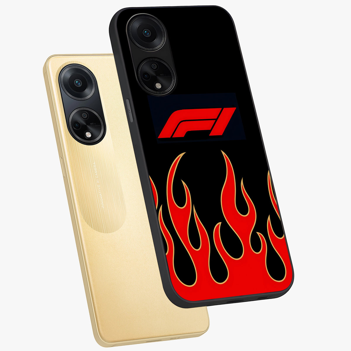 Fire F11 Glass Case displayed in angled mockup highlighting bold fire inspired graphic with energetic aesthetic style.