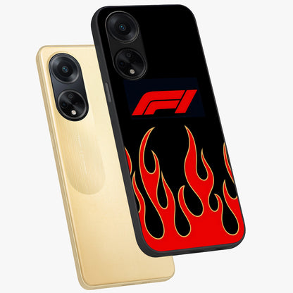 Fire F11 Glass Case displayed in angled mockup highlighting bold fire inspired graphic with energetic aesthetic style.