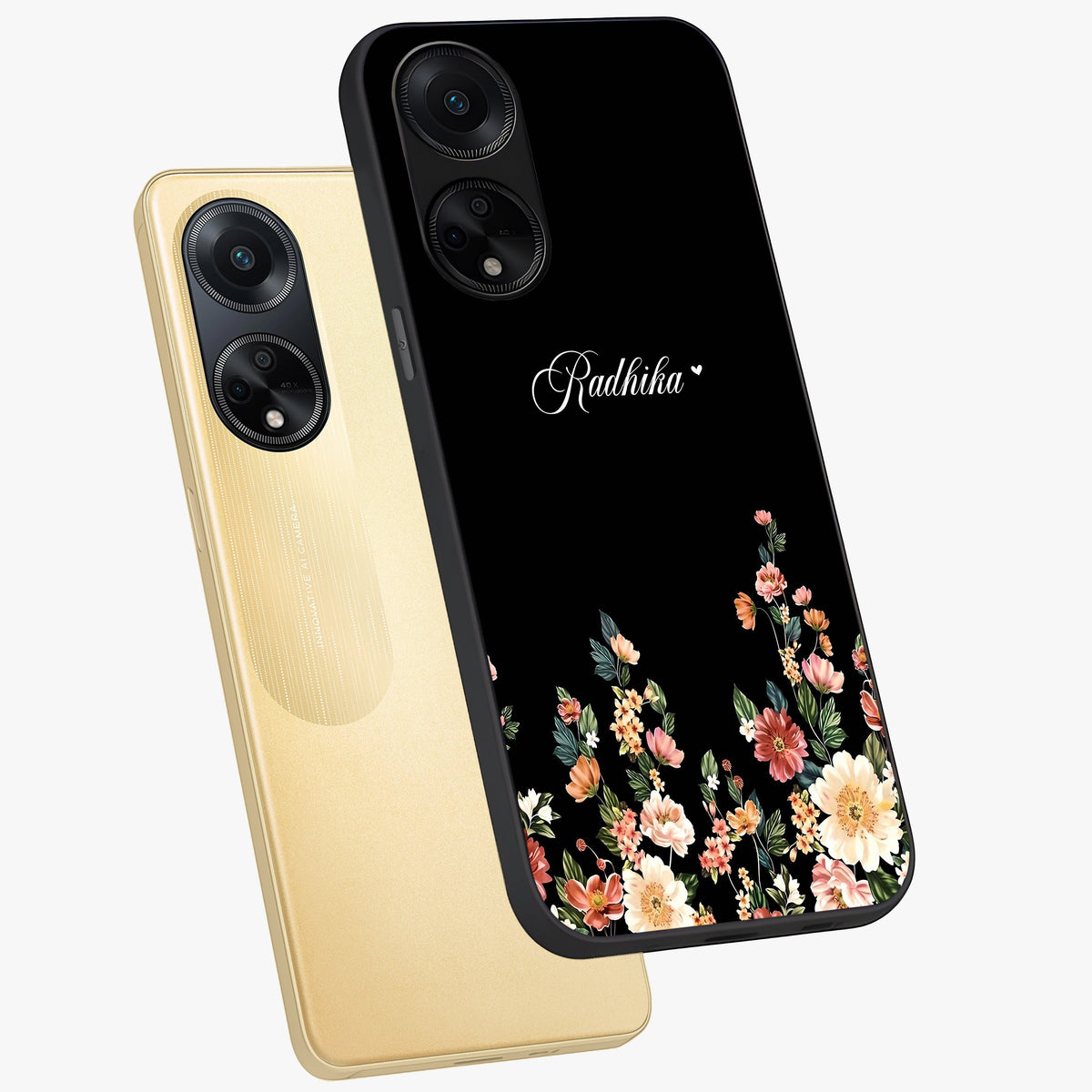 Floral Design With a Custom Personalized Name Glass Case displayed in angled mockup highlighting elegant floral pattern with custom name feature.