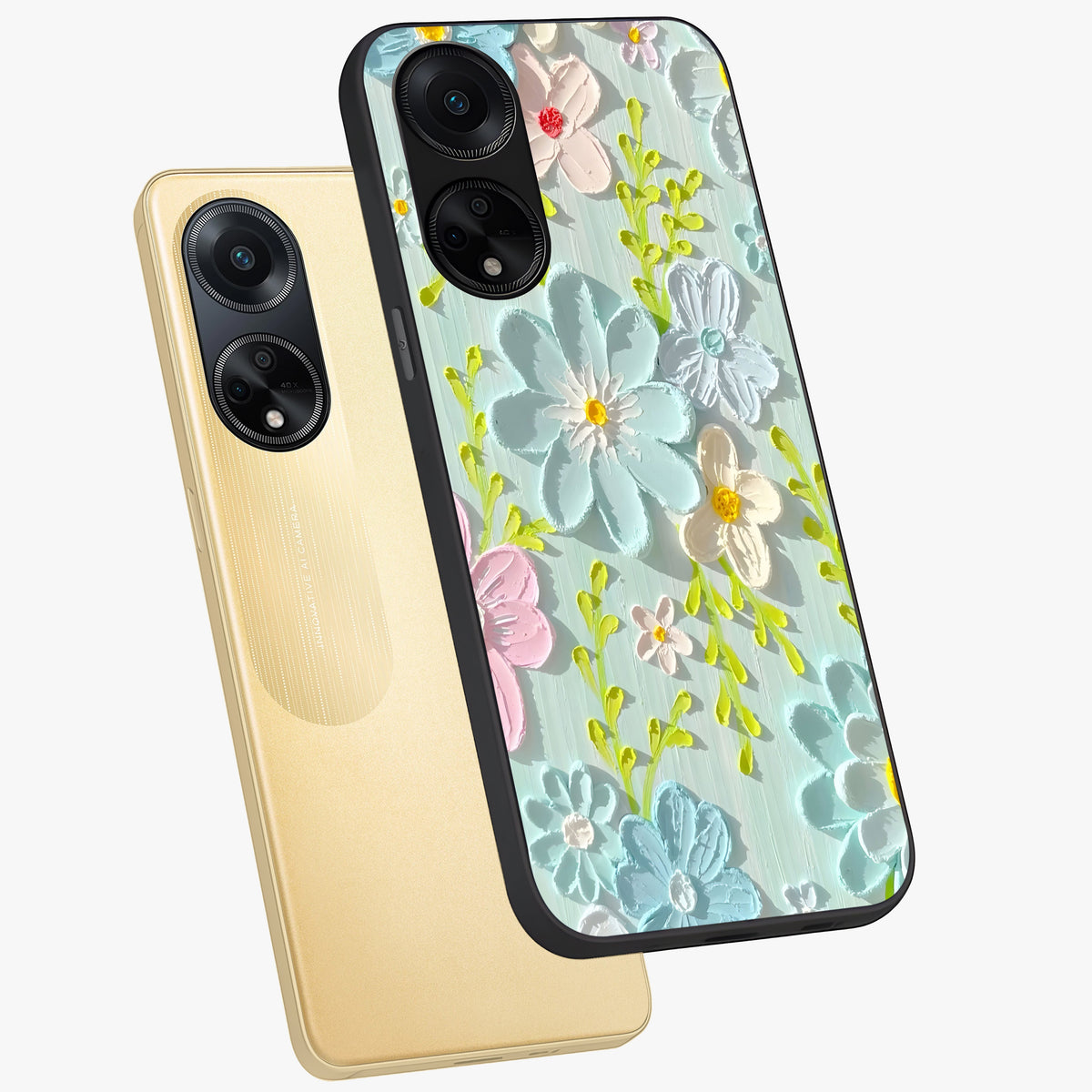 Frosted Petal Garden Glass Case displayed in angled mockup highlighting delicate flower petal design with calm garden aesthetic.