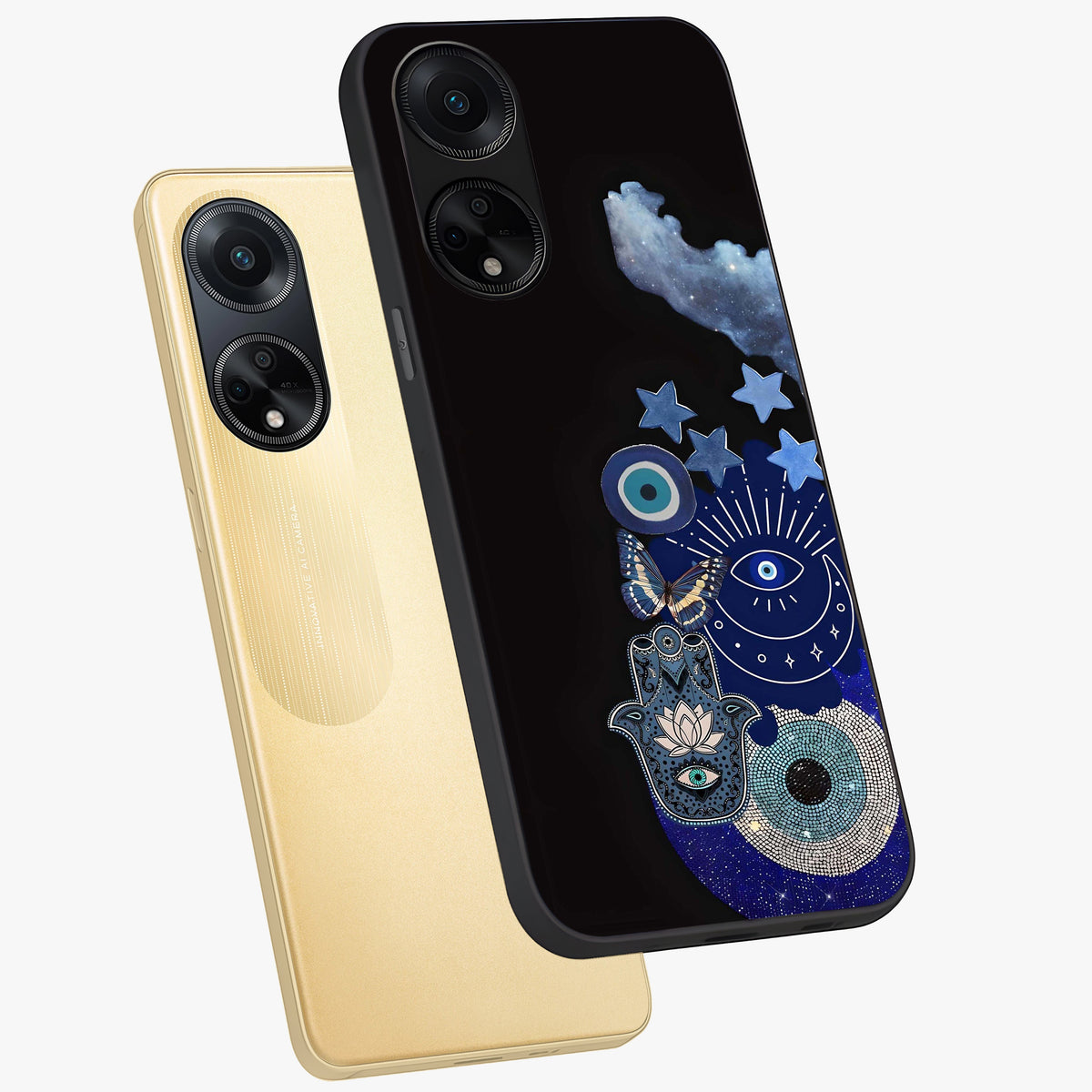 Galactic Charm Cluster Glass Case displayed in angled mockup highlighting luminous galaxy inspired design with dreamy aesthetic.