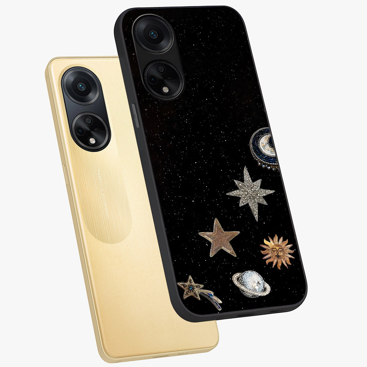 Galactic Charm Glow Glass Case displayed in angled mockup highlighting luminous galaxy inspired design with dreamy aesthetic.