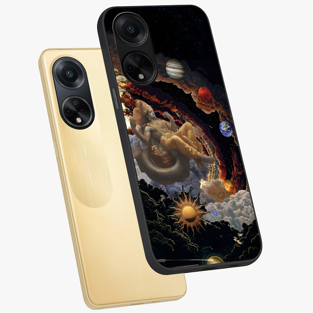 Galactic Divine God Glass Case displayed in angled mockup highlighting powerful celestial deity illustration with galactic aesthetic.