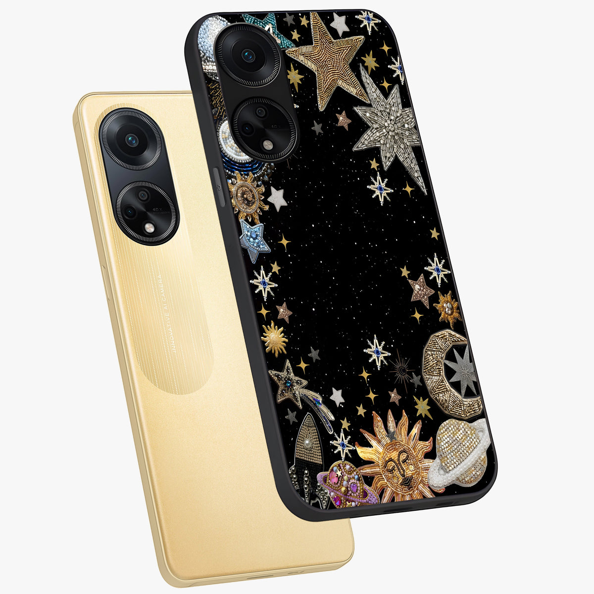 Galactic Jewel Stars Glass Case displayed in angled mockup highlighting shining celestial star design with cosmic aesthetic style.