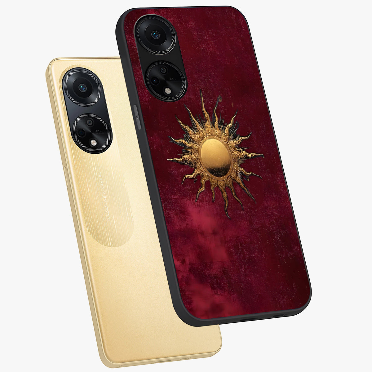 Golden Sun Minimalism Glass Case displayed in angled mockup highlighting clean sun symbol design with modern minimal aesthetic.