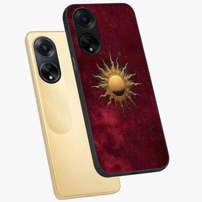 Golden Sun Minimalism Glass Case displayed in angled mockup highlighting clean sun symbol design with modern minimal aesthetic.