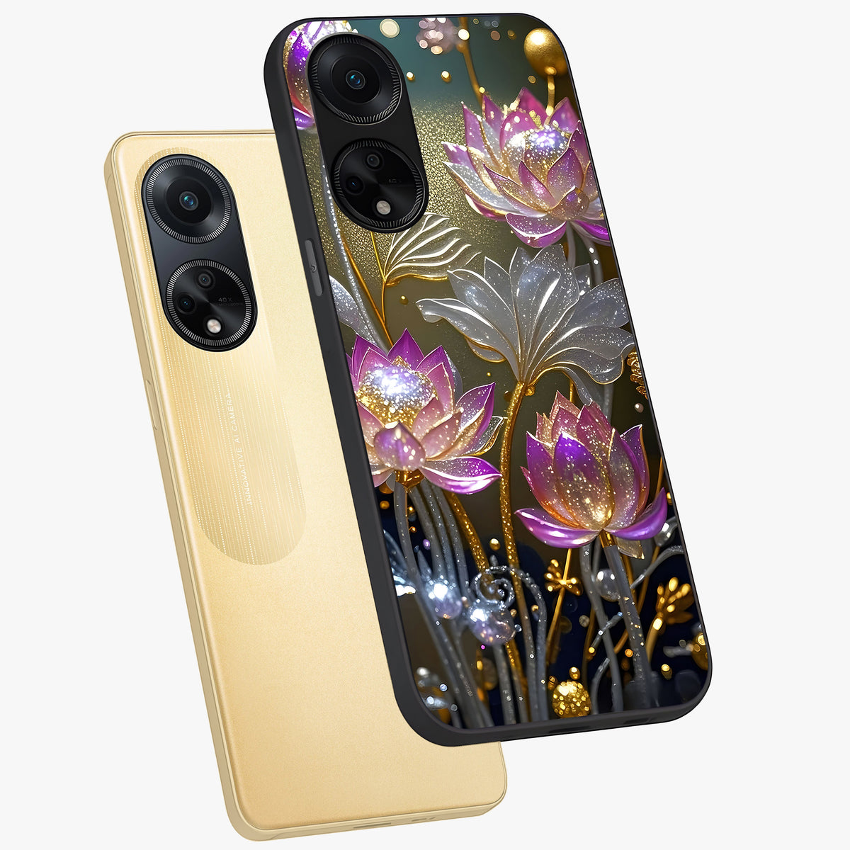 Golden Floral Majesty Glass Case displayed in angled mockup highlighting elegant flower design with royal golden aesthetic.