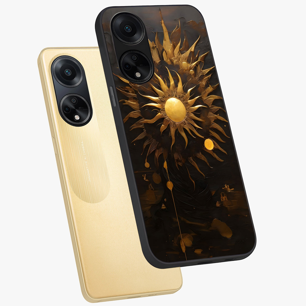 Golden Sun Majesty Glass Case displayed in angled mockup highlighting eerie shadow illustration with gothic aesthetic.
