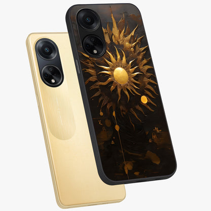 Golden Sun Majesty Glass Case displayed in angled mockup highlighting eerie shadow illustration with gothic aesthetic.