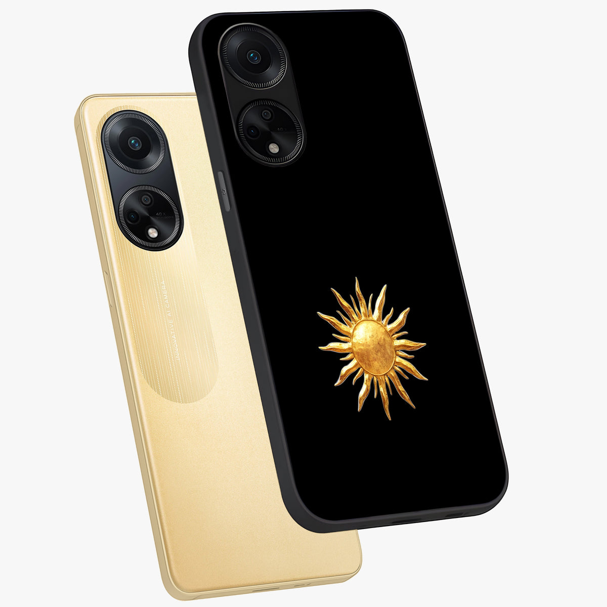 Golden Sun Minimalism Glass Case displayed in angled mockup highlighting eerie shadow illustration with gothic aesthetic.