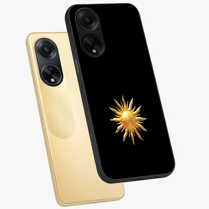 Golden Sun Minimalism Glass Case displayed in angled mockup highlighting eerie shadow illustration with gothic aesthetic.