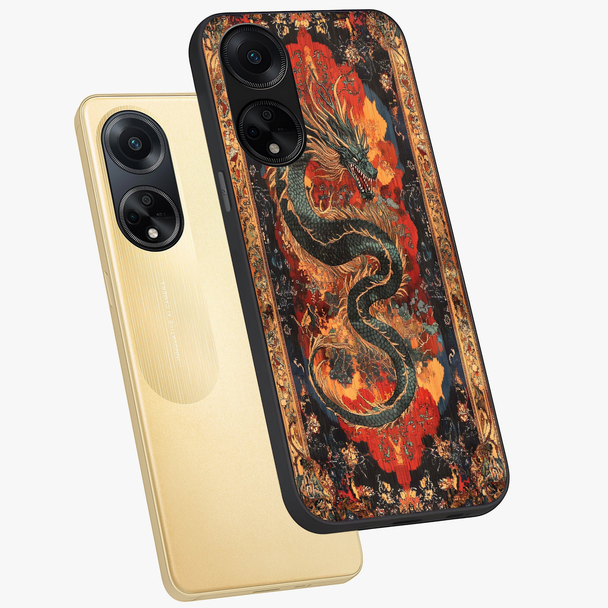 Inferno Dragon Soul Glass Case displayed in angled mockup highlighting powerful dragon illustration with inferno aesthetic.