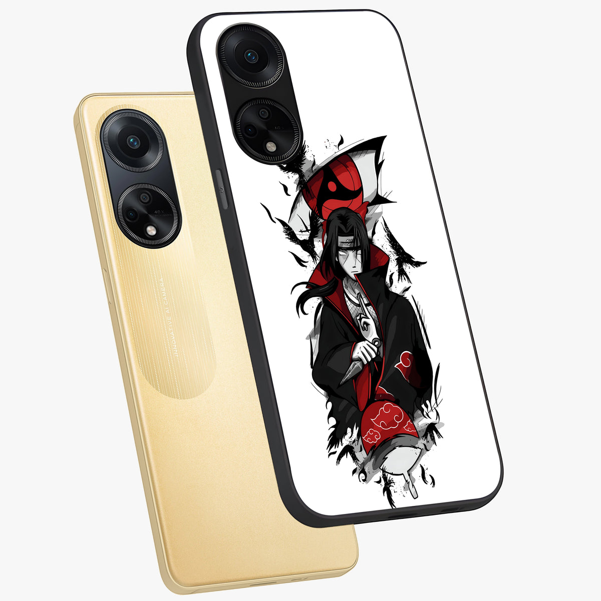 Itachi Limited Edition Naruto Anime Glass Case displayed in angled mockup highlighting dramatic anime illustration with bold action aesthetic.