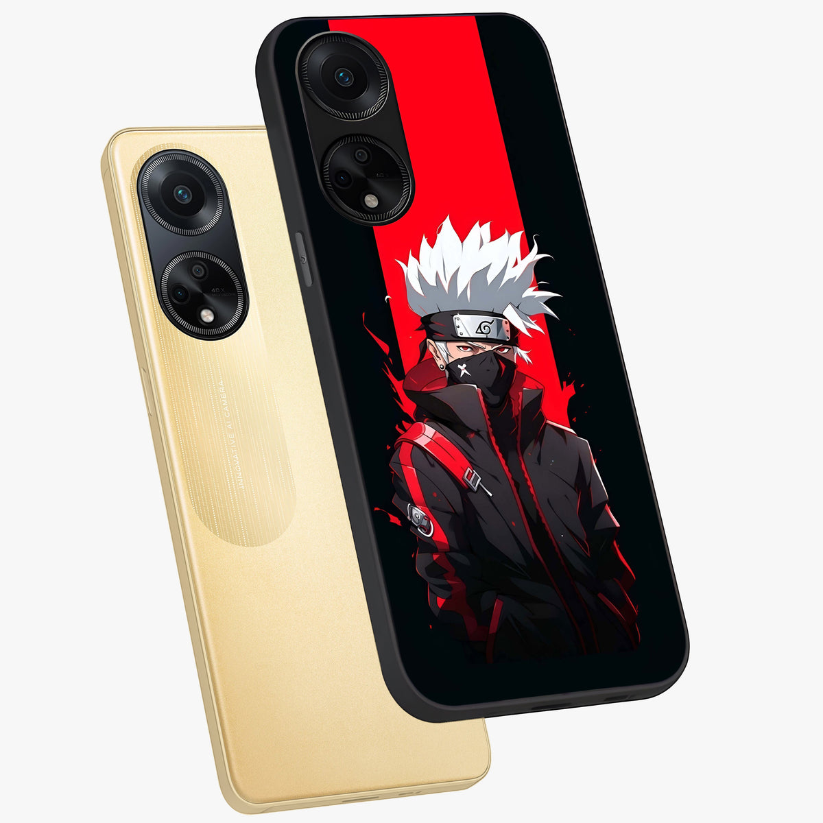 Kakashi Scarlet Shadow Glass Case displayed in angled mockup highlighting dramatic ninja illustration with scarlet themed aesthetic.