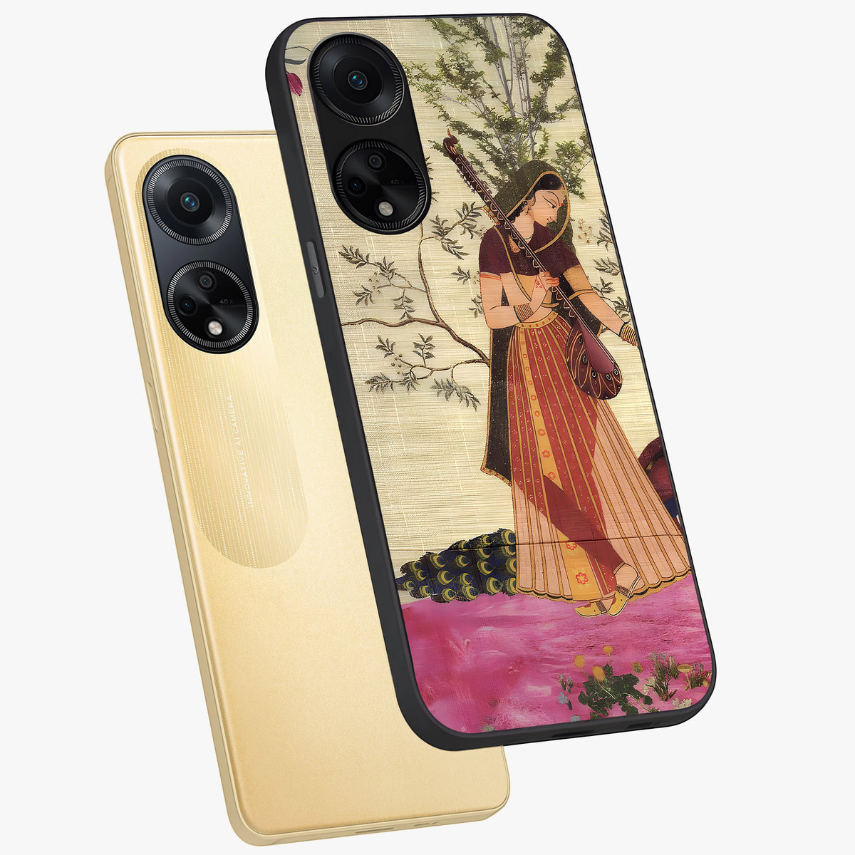 Lady With Veena Art Glass Case displayed in angled mockup highlighting graceful musical illustration with cultural artistic aesthetic.