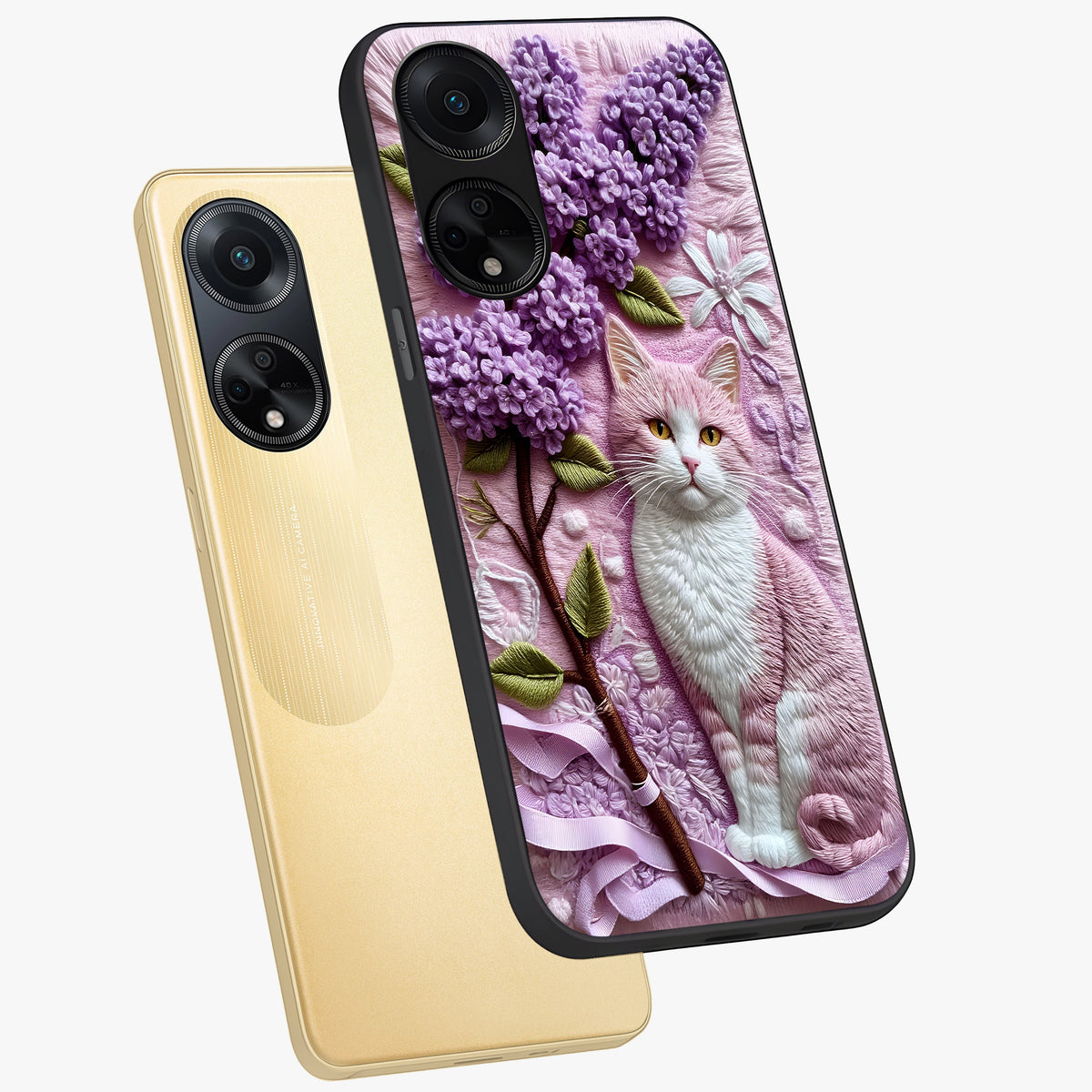 Lavender Cat Whimsy Glass Case displayed in angled mockup highlighting playful feline illustration with pastel lavender aesthetic.