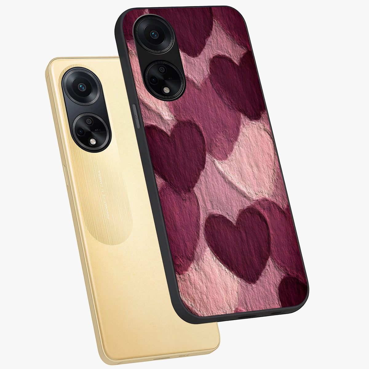 Layered Paper Hearts Glass Case displayed in angled mockup highlighting creative paper craft heart design with romantic aesthetic.