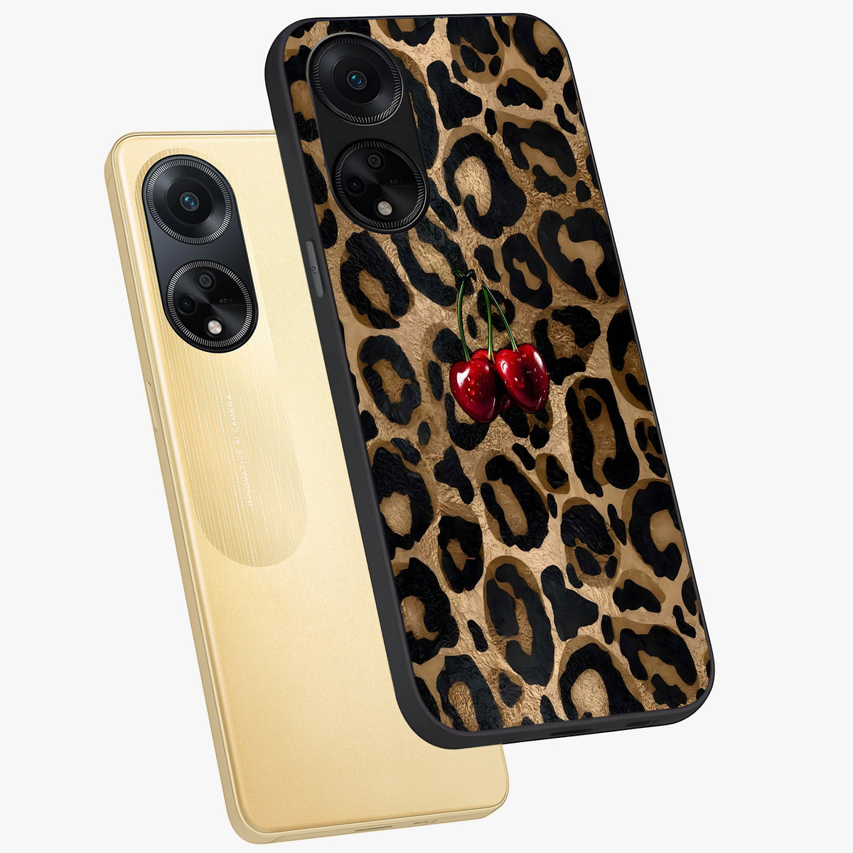 Leopard Wild Cherry Glass Case displayed in angled mockup highlighting bold animal print design with playful cherry aesthetic.