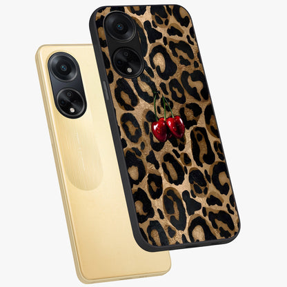 Leopard Wild Cherry Glass Case displayed in angled mockup highlighting bold animal print design with playful cherry aesthetic.