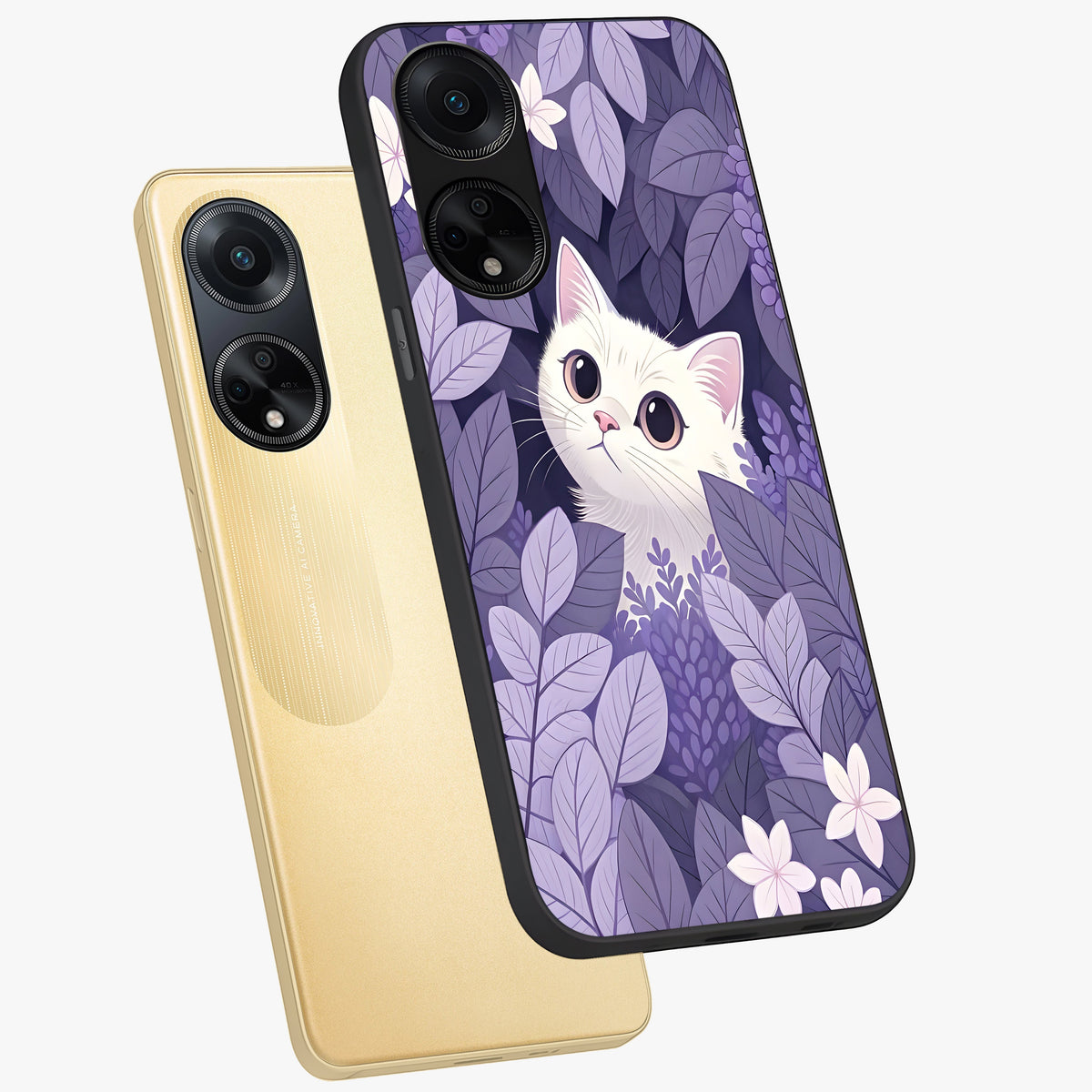 Lilac Hide Peek Cat Glass Case displayed in angled mockup highlighting playful feline illustration with lilac aesthetic design.